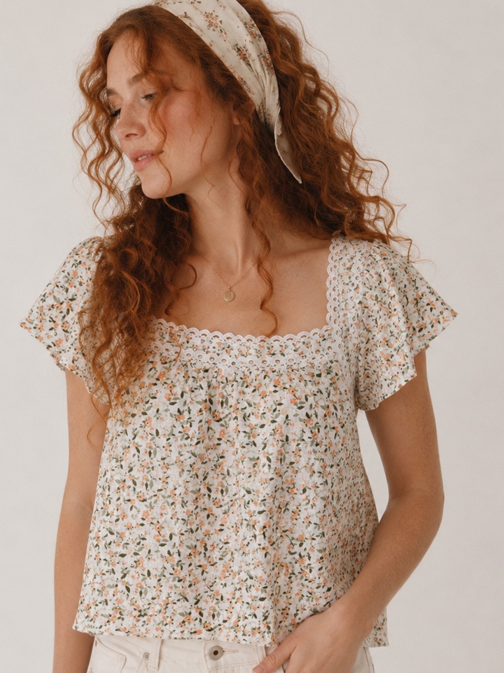 Mine Floral Eyelet Lace Puff Sleeve Square Neck Top Small